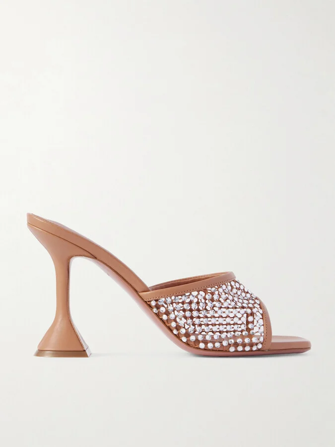 Amina Muaddi - Lupita Crystal-embellished Fishnet And Leather Mules - Neutrals