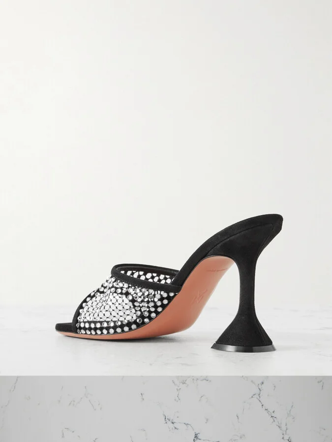 Amina Muaddi - Lupita Crystal-embellished Fishnet And Suede Mules - Black - Image 3
