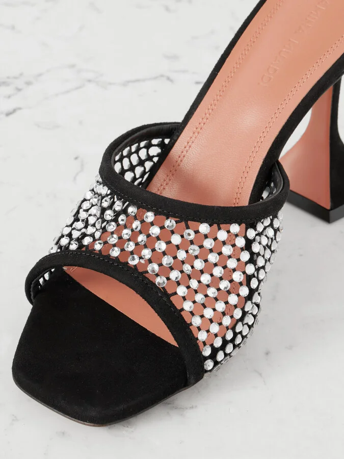 Amina Muaddi - Lupita Crystal-embellished Fishnet And Suede Mules - Black - Image 4