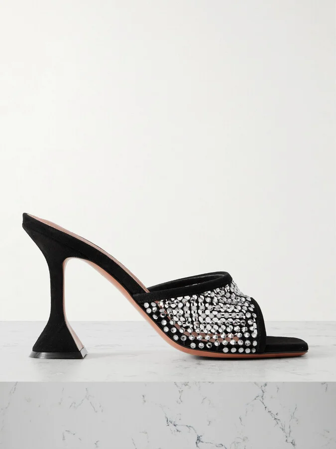Amina Muaddi - Lupita Crystal-embellished Fishnet And Suede Mules - Black