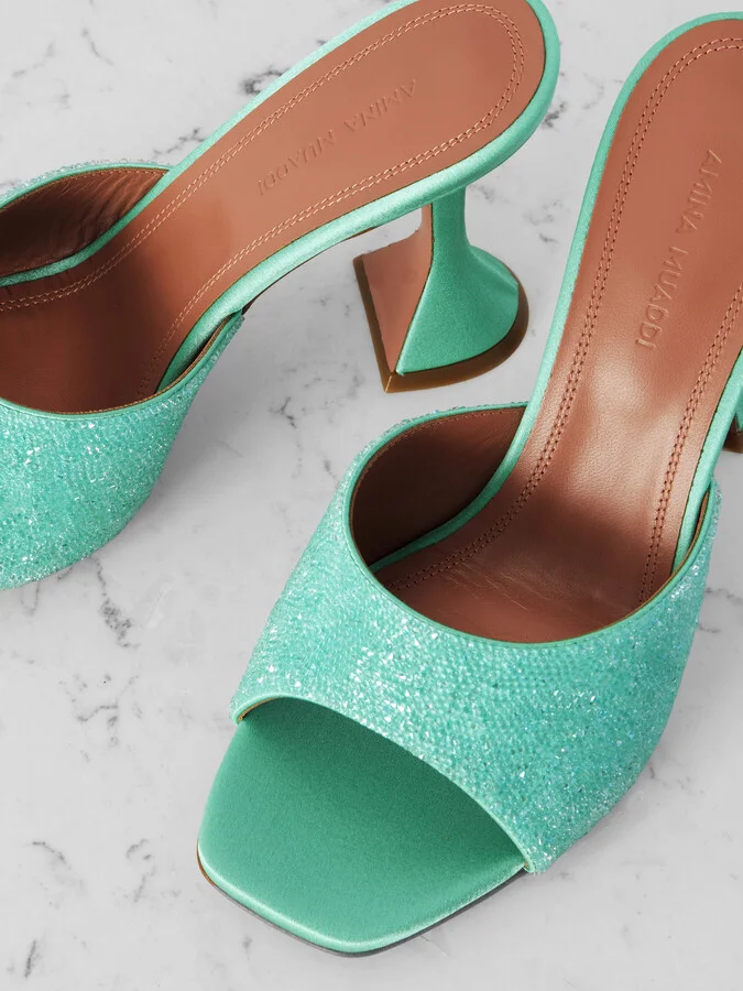 Amina Muaddi - Lupita Crystal-embellished Satin Mules - Green - Image 4