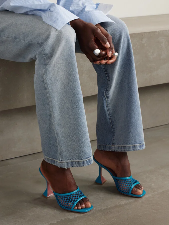 Amina Muaddi - Lupita Fishnet And Leather Mules - Blue - Image 2