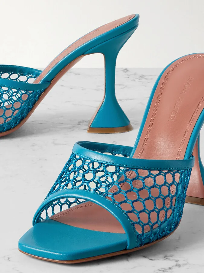 Amina Muaddi - Lupita Fishnet And Leather Mules - Blue - Image 4