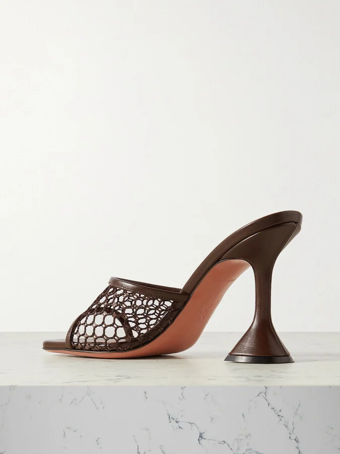 Amina Muaddi - Lupita Fishnet And Leather Mules - Brown - Image 3