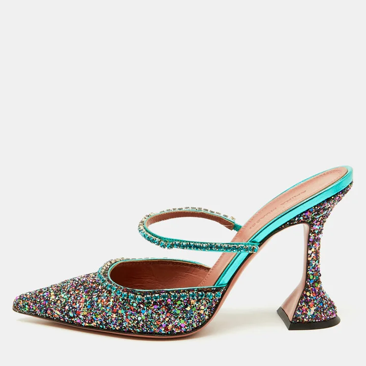 Amina Muaddi Multicolor Glitter Gilda Crystal Embellished Mules Size 38.5