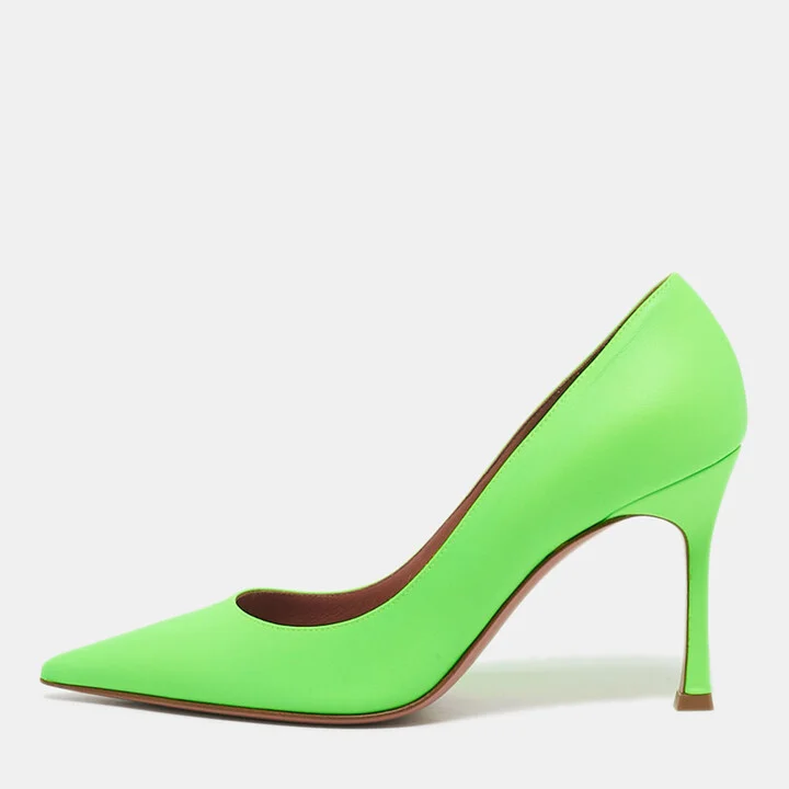 Amina Muaddi Neon Green Leather Sharon Pumps Size 37