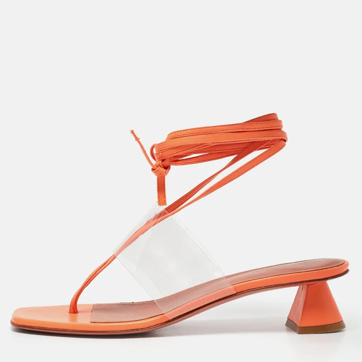 Amina Muaddi Orange/Transperent Leather and PVC Zula Ankle Tie Sandals Size 40