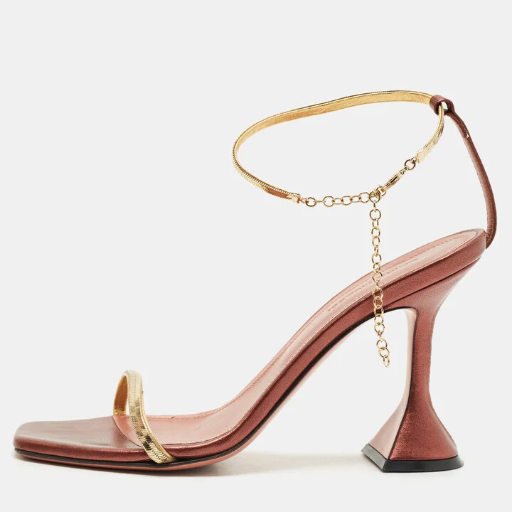 Amina Muaddi Pink/Gold Leather Gid Ankle Strap Sandals Size 36