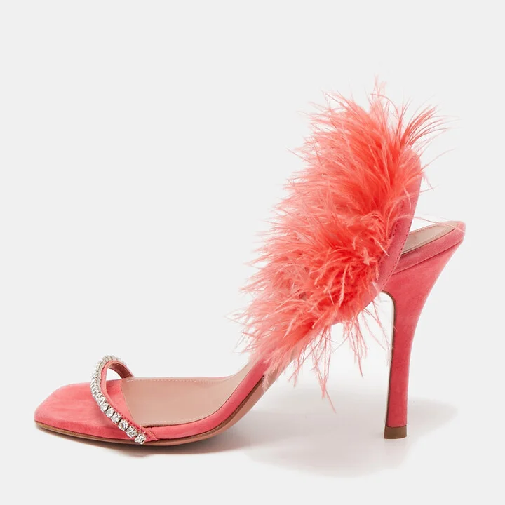 Amina Muaddi Pink Satin and Feather Crystal Embellished Adwoa Slingback Sandals Size 38.5
