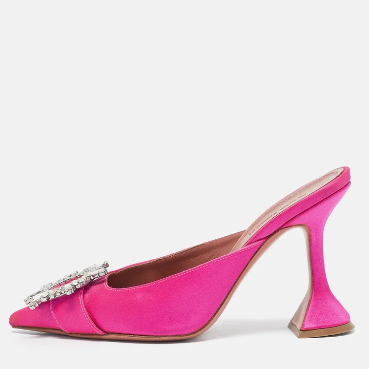 Amina Muaddi Pink Satin Begum Crystal Embellished Mules Size 36.5