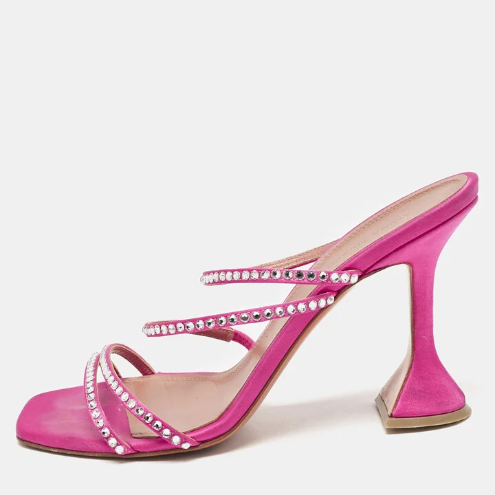 Amina Muaddi Pink Satin Naima Crystals Slide Sandals Size 38.5