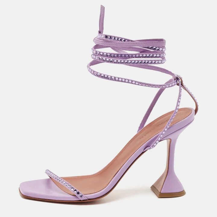 Amina Muaddi Purple Leather Crystal Embellished Vita Ankle Strap Sandals Size 39