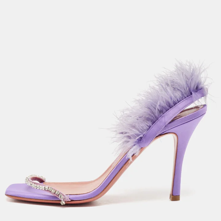 Amina Muaddi Purple Satin Crystal Embellished And Feather Adwoa Slingback Sandals Size 40.5