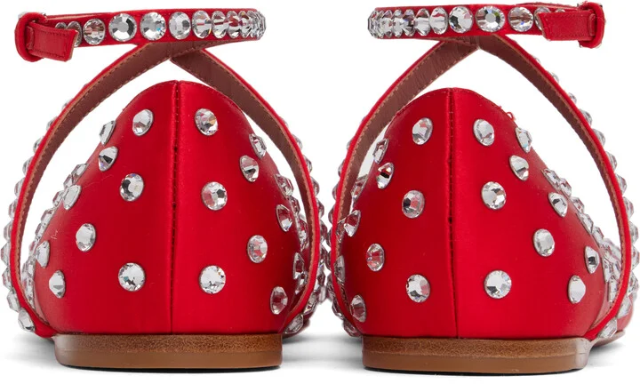 Amina Muaddi Red Ane Crystal Lace Up Ballerina Flats - Image 2