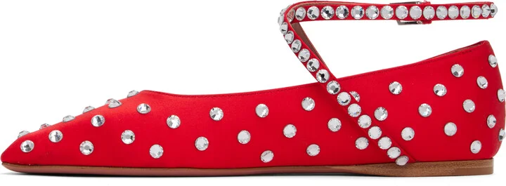 Amina Muaddi Red Ane Crystal Lace Up Ballerina Flats - Image 3
