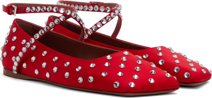Amina Muaddi Red Ane Crystal Lace Up Ballerina Flats - Image 4