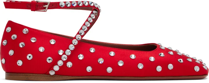 Amina Muaddi Red Ane Crystal Lace Up Ballerina Flats