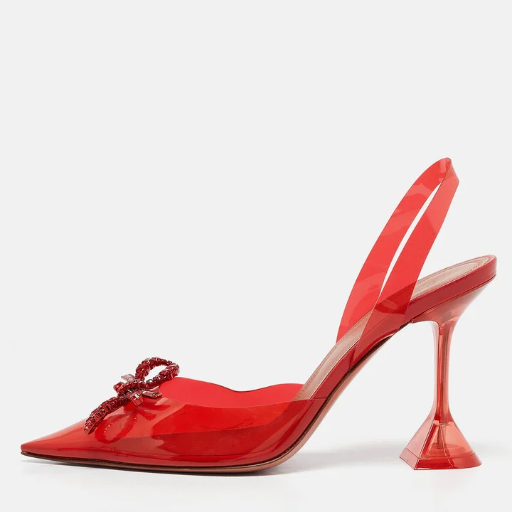 Amina Muaddi Red PVC Rosie Crystal Embellished Bow Slingback Pumps Size 39.5