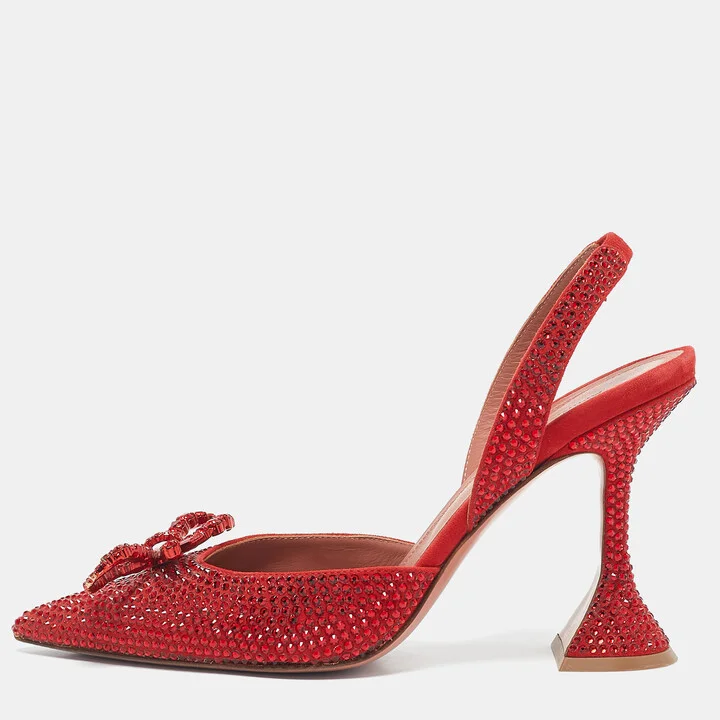 Amina Muaddi Red Suede Crystal Embellished Rosie Slingback Pumps Size 36.5