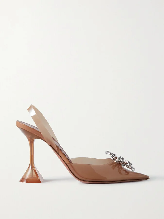 Amina Muaddi - Rosie Crystal-embellished Bow-detailed Pvc Slingback Pumps - Brown