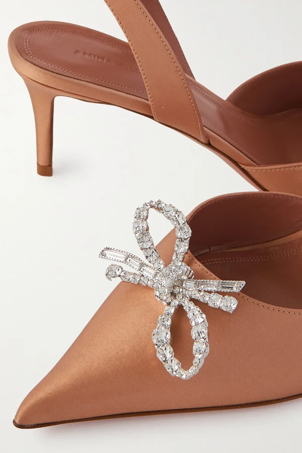 Amina Muaddi - Rosie Crystal-embellished Satin Slingback Pumps - Brown - Image 4