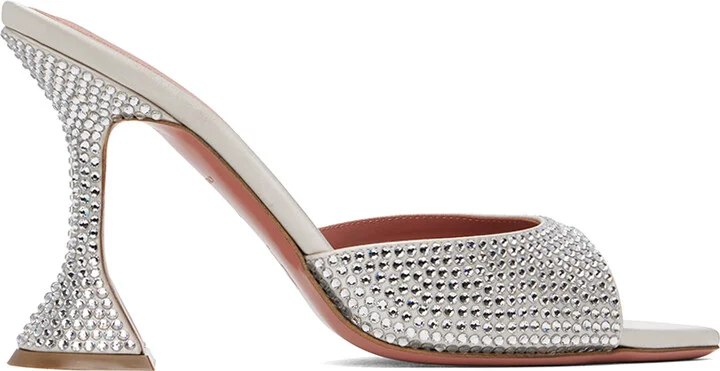 Amina Muaddi Silver Caroline Crystal Slipper Heeled Sandals
