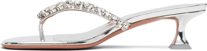 Amina Muaddi Silver Gigi Thong Heeled Sandals - Image 3