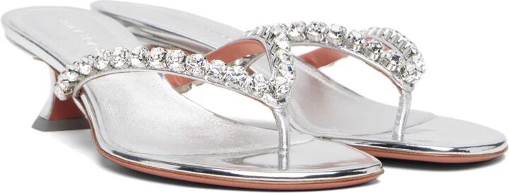 Amina Muaddi Silver Gigi Thong Heeled Sandals - Image 4