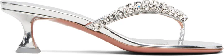 Amina Muaddi Silver Gigi Thong Heeled Sandals