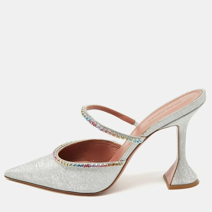 Amina Muaddi Silver Glitter Gilda Mules Size 41