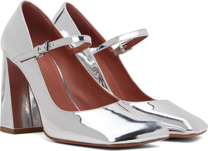 Amina Muaddi Silver Mary Jane Heels - Image 4