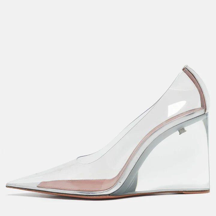 Amina Muaddi Silver Patent Leather and PVC Ane Wedge Pumps Size 39