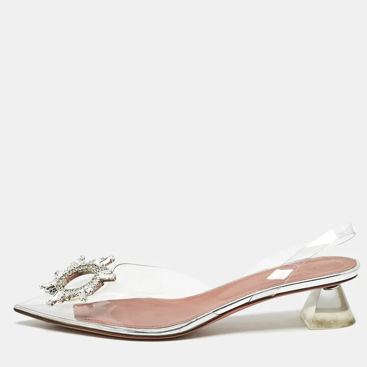 Amina Muaddi Silver PVC Begum Slingback Pumps Size 38