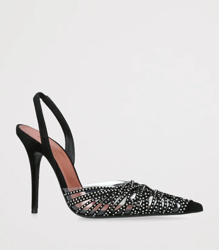 Amina Muaddi Suede Embellished Lori Slingback Pumps 105 - Image 3
