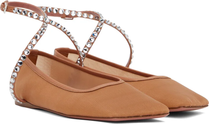 Amina Muaddi Tan Ane Mesh Crystal Ballerina Flats - Image 4