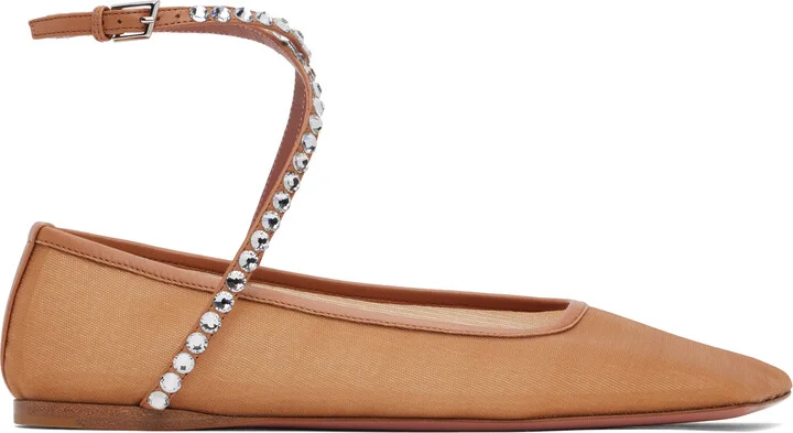 Amina Muaddi Tan Ane Mesh Crystal Ballerina Flats