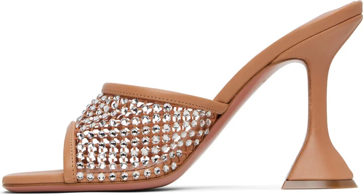 Amina Muaddi Tan Lupita Crystal Net Slipper Heeled Sandals - Image 3