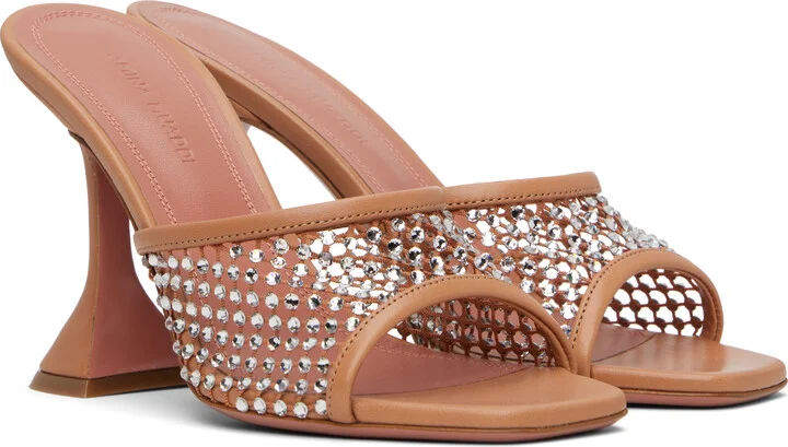 Amina Muaddi Tan Lupita Crystal Net Slipper Heeled Sandals - Image 4