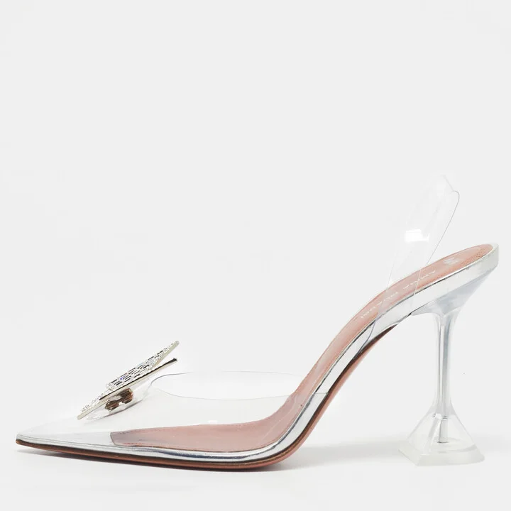 Amina Muaddi Transparent PVC Begum Crystal Embellished Pointed Toe Pumps Size 39