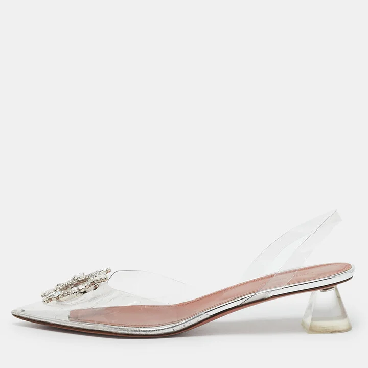 Amina Muaddi Transparent PVC Begum Crystal Embellished Slingback Pumps Size 41