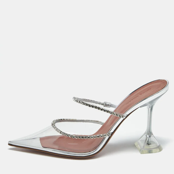 Amina Muaddi Transparent PVC Crystal Embellished Gilda Mules Size 39