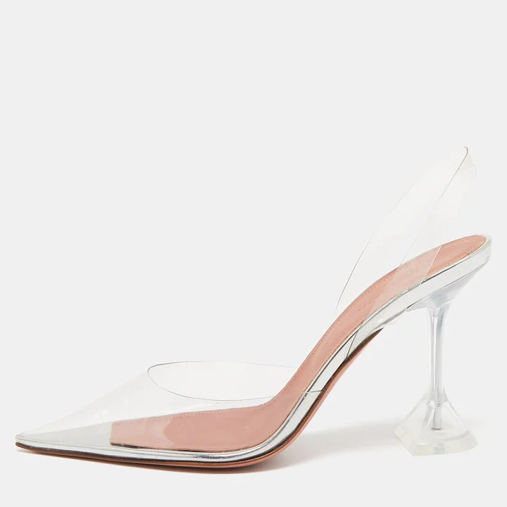 Amina Muaddi Transparent PVC Holli Glass Pointed Toe Slingback Pumps Size 39.5