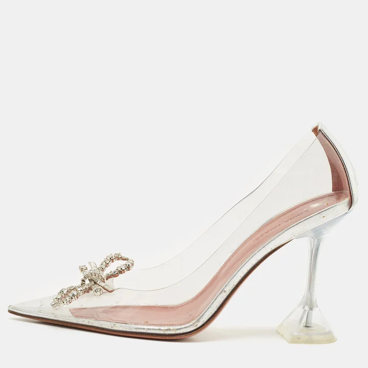 Amina Muaddi Transparent/Silver PVC and Leather Rosie Pointed Toe Pumps Size 38
