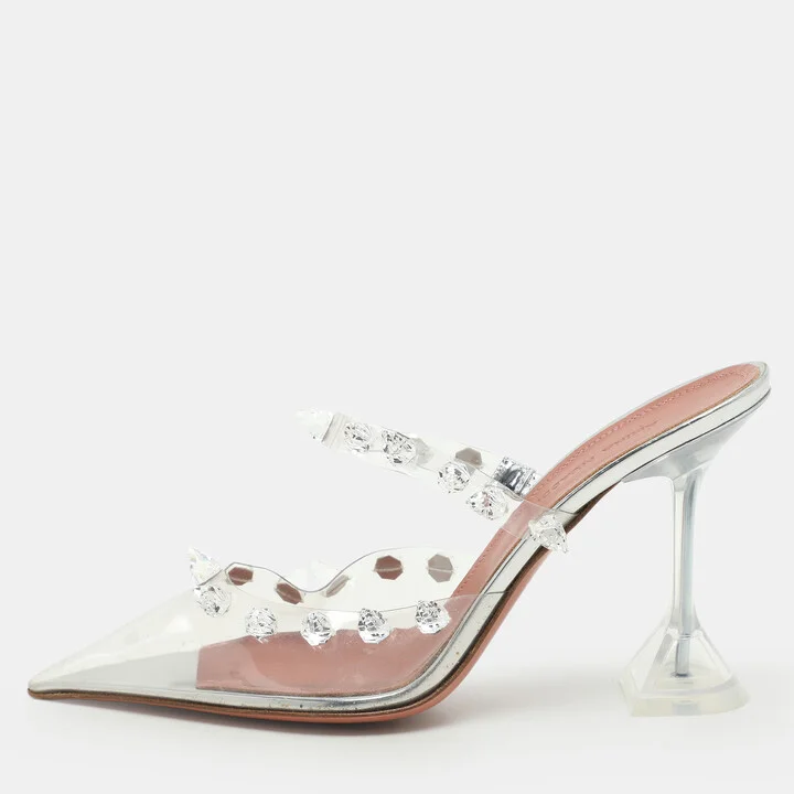 Amina Muaddi Transperent PVC Crystal Embellished Julia Mule Sandals Size 38.5