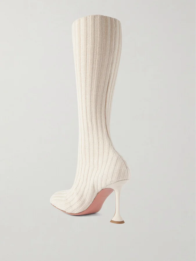 Amina Muaddi - Veneda Ribbed Stretch-knit Knee Boots - Neutrals - Image 3