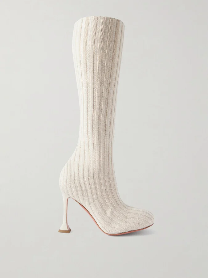 Amina Muaddi - Veneda Ribbed Stretch-knit Knee Boots - Neutrals