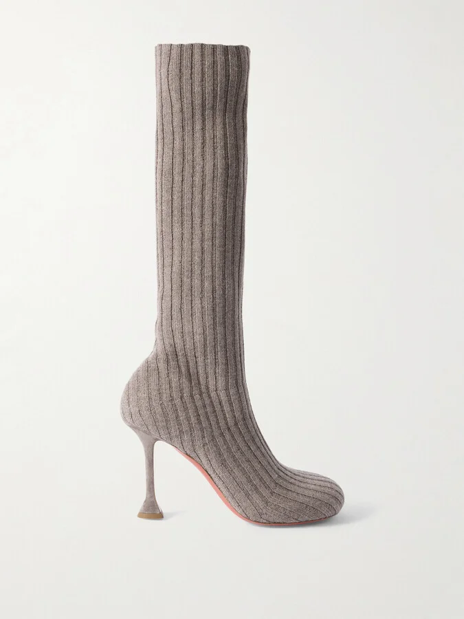 Amina Muaddi - Veneda Ribbed Stretch-knit Sock Boots - Gray