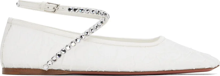 Amina Muaddi White Ane Lace Ballerina Flats