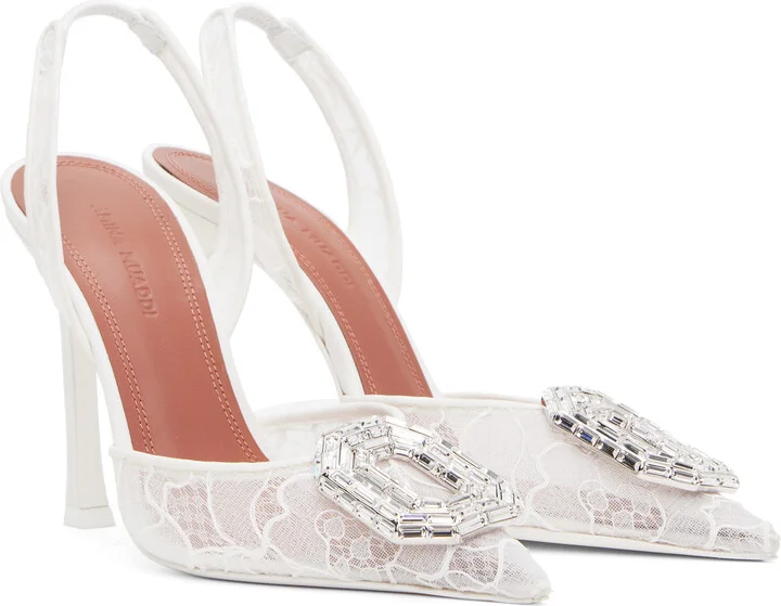 Amina Muaddi White Camelia Lace Sling 105 Heels - Image 4