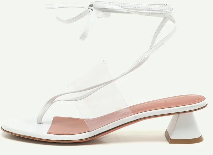 Amina Muaddi White Leather and PVC Zula Ankle Wrap Sandals Size 37.5